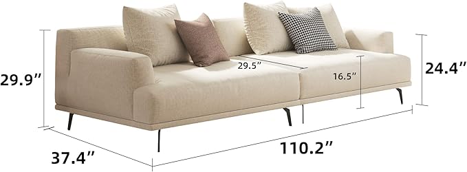 4-Seater Living Room Sofa - Modern Leisure Modular Sofa with Wooden Frame and Metal Legs, Soft Cotton-Linen Fabric, Easy to Install, Suitable for Office, Apartment, and Living Room, Grey, 110.2"