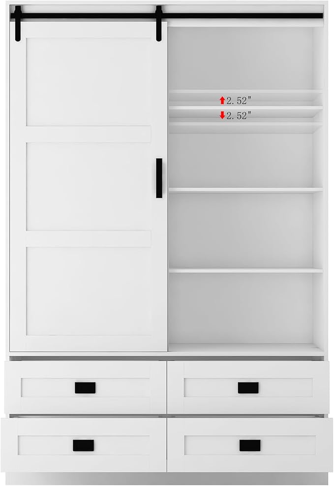 Wardrobe Closet with Sliding Barn Door, Tall Wooden Bedroom Armoire Wardrobe Closet Clothing Storage Cabinet with 4 Drawers, Adjustable Shelves and Hanging Rod, Clothes Cabinet for Bedroom, White