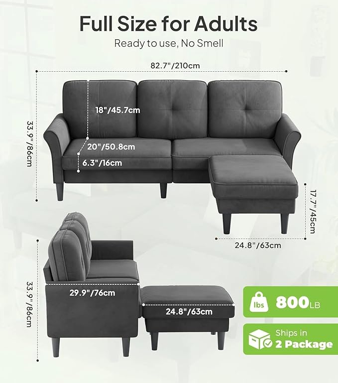 Welzona Sofas for Living Room, 83" Velvet Sectional Couch with Moveable Ottoman, Midcentury Modern Small Sectional Couch, L Shape Sofa & 2 Seater, Couches for Living Room, Apartment, Bedroom