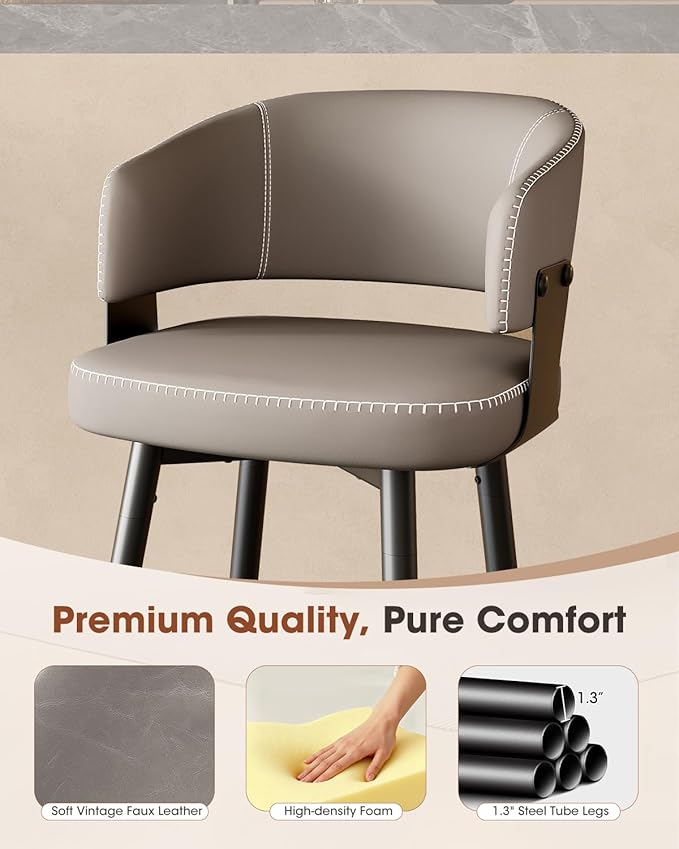 Bar Stools Set of 6, 30" Swivel Bar Height Bar Stools with Curved Back, Mid-Century Modern Faux Leather Bar Chairs with Stitching for Kitchen Island, Dining, Living Room, Matte Gray