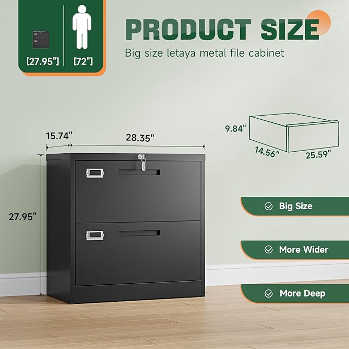Letaya 2 Drawer File Cabinets with Lock,Metal Lateral Filing Storage Cabinet Printer Stand,Black Steel Home Office Cabinet for Hanging Files Letter/Legal/A4 Size (Black, H27.95×W28.35×D15.74)
