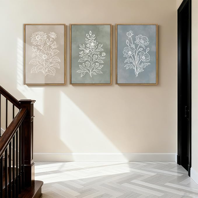 Anyzal Large Boho Botanical Framed Wall Art 16x24 Inch Minimalist Floral Canvas Wall Decor Farmhouse Plant Art Prints for Living Room Bedroom Dining Room Set of 3
