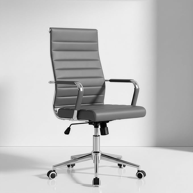 Okeysen Grey Office Desk Chair, Ergonomic Leather Modern Conference Room Chairs, Executive Ribbed Height Adjustable Swivel Rolling Chair for Home Office.