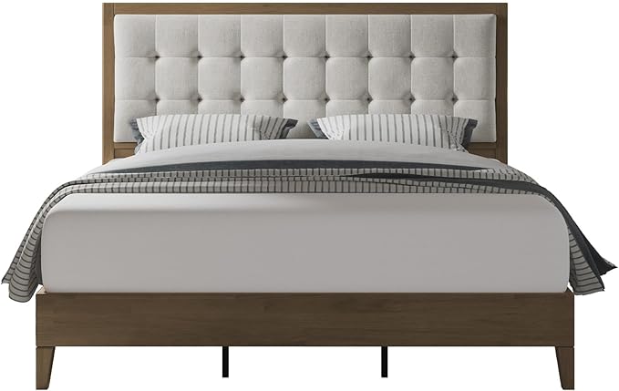 Jocisland Solid Wood Full Size Bed Frame 50.2" Tall Upholstered Headboard, Mid-Century Style, Stable Platform Support, No Box Spring Needed, Ash Gray