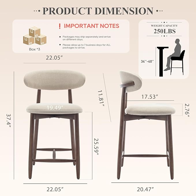 COLAMY Upholstered Counter Height Bar Stools Set of 6, Kitchen Island Stools with Back, Modern Counter Stools Island Bar Chairs with Wood Legs for Kitchen Island Dining Room Bar, Beige
