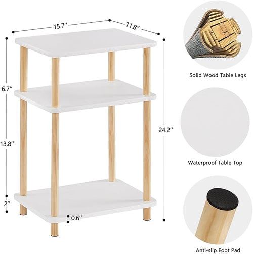 Apicizon 3 Tier Nightstand, End Table with Storage Shelf, Wooden Vinyl Record, Farmhouse Bedside Table for Small Spaces, Bedroom, Living Room, Easy Assembly, White+Natural