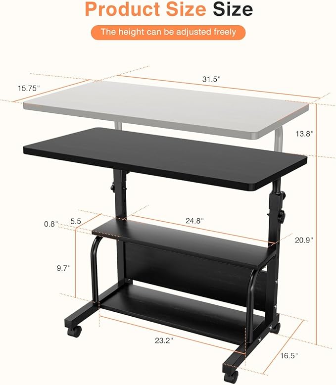 QZMDSM Portable Rolling Desk on Wheels Adjustable Height Desks for Small Spaces, 32" Computer Desk with Storage Shelves for Home Office Black
