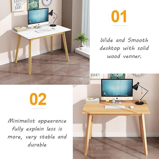 IOTXY Simple Wooden Writing Desk - Modern Minimalist Style PC Laptop Computer Workbench with Solid Wood Legs, 47" W Home Office Work Table for TV Stand Music Video Live Broadcast Workstation, White