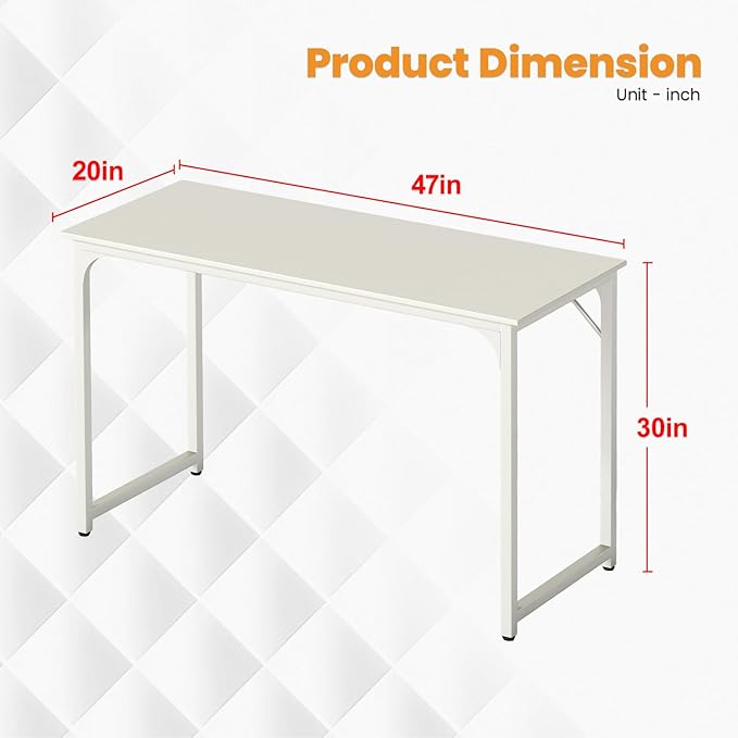 PayLessHere | 47 Inch Computer Desk | White | Office Desk with Metal Frame, Adjustable Feet | Water-Resistant, Scratchproof Surface | Sturdy Writing Table for Home Office or Study | Pack of 1