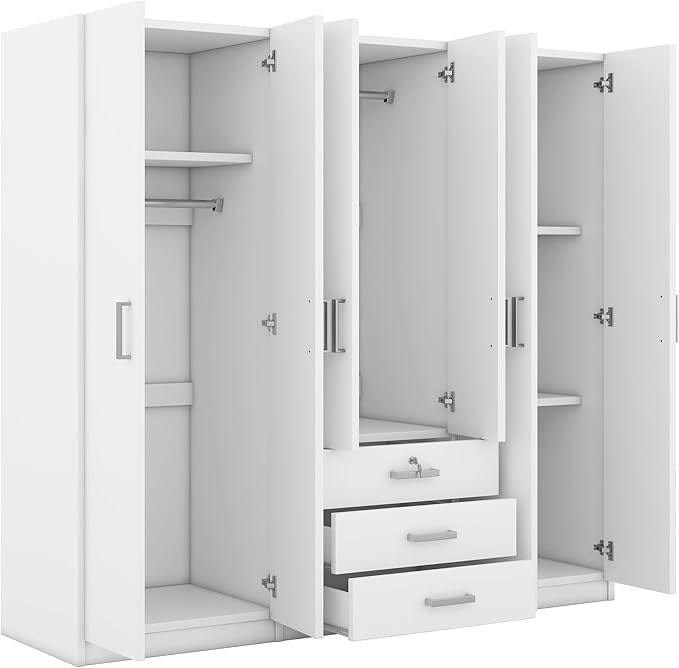 6 Door Armoire Wardrobe Closet with Big 3 Drawers, Wooden Freestanding Bathroom Armoire Cabinet with Shelves and Hanging Rod, Clothes Storage Organizer for Bedroom, Guest Room (White-8)