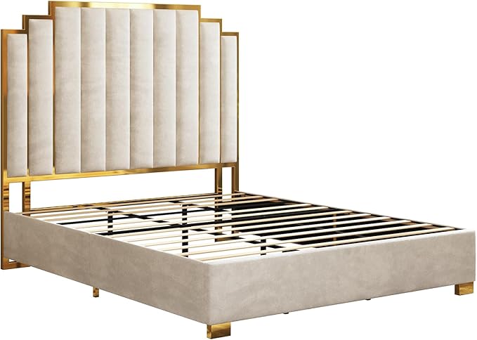 AMERLIFE King Size Upholstered Bed, Modern Velvet Bed Frame with 65.4” Tall Gold Trim Headboard, No Box Spring Needed, Cream