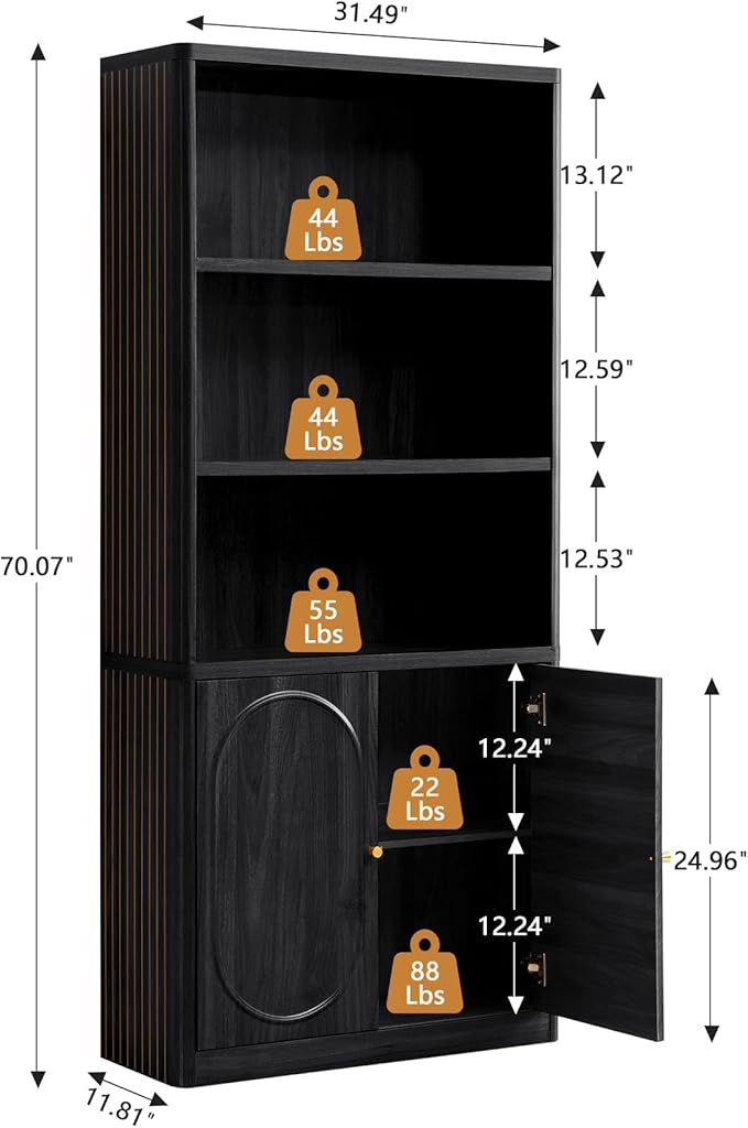 ORRD 70.8" Tall Fluted Bookshelf with Storage Cabinet Set of 2, Modern 5-Tier Wood Bookcase with Open Display Storage Shelf, Gold Handles for Office Living Room (Black)