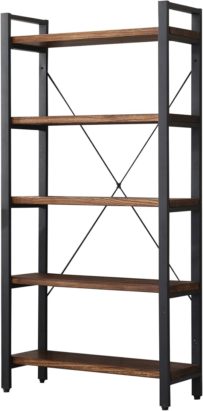 WH-AOERPUMY 5 Tier Bookcase, Solid Wood Bookshelf Rustic Vintage Industrial Etagere Bookcase, Metal and Wood Free Vintage Bookshelf, Retro Brown (5-Tiers)