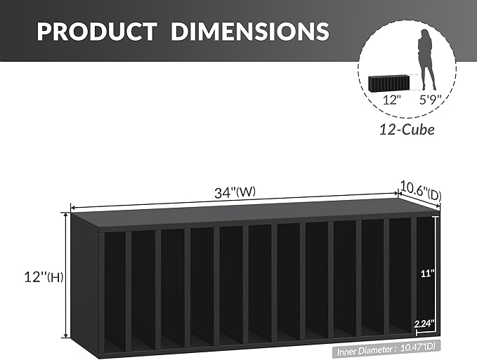 IOTXY DIY Modular Cube Bookcase - CubeXY Customizable Stackable Expandable Basic Shelving Units, 12-Cube Wooden Open Bookshelf with Removable Shelves for 10-inch Vinyl Record Storage Organizer, Black