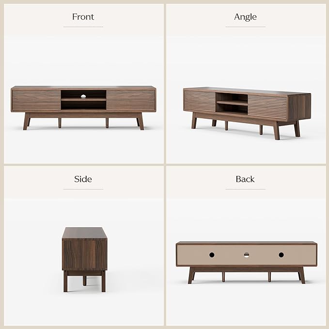 TOLEAD 59" TV Console, Mid Century Modern Media Console for 55/60/65 Inch TV, Low Profile TV Stand with Fluted Sliding Doors, Boho Light Wood Credenza for Living Room, Walnut