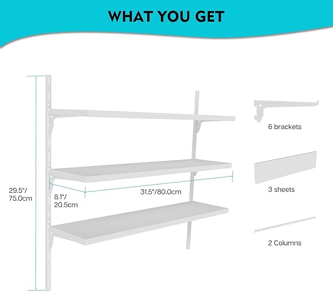 8" Deep ×32″ Long Adjustable Deep Floating Shelves for Wall 3‑Tier, Wall Mount Metal Shelf 165 LBS, Heavy Duty White Storage Rack for Garage, Kitchen, Bathroom, Bedroom, Wall Shelving Decor