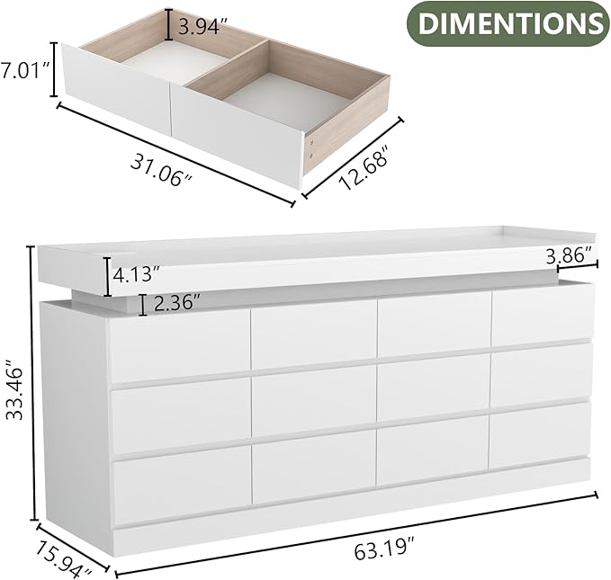 Gyfimoie 12 Drawer Dresser with Power Outlet, Dresser with LED Light, Modern Chest of Drawers for Closet, Double Wide Drawer Organizer Cabinet for Bedroom, Living Room (White, 12 Drawers)