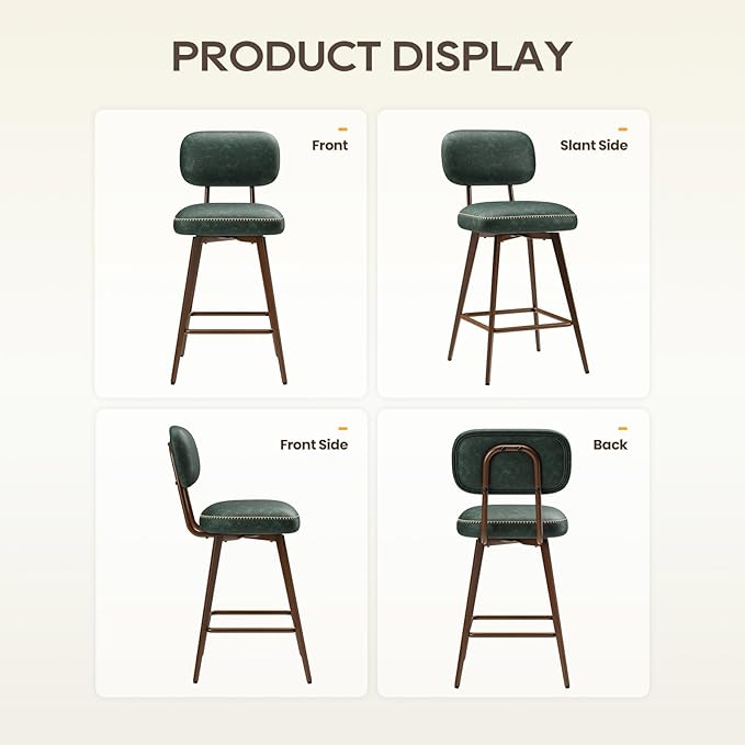 MALOL 26“ Swivel Bar Stools Set of 6, Mid Century PU Leather Counter Height Bar Chairs with Low Back and Metal Legs, Modern Bar Stool Chair for Kitchen Island, Green