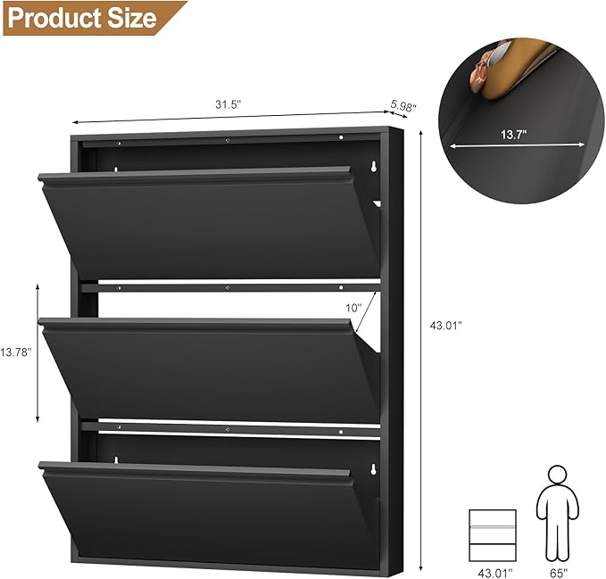 LUCYPAL Slim Shoe Cabinet,Metal Shoe Storage Cabinet for Entryway with 3 Flip Drawers,Narrow Wall Shoe Cabinet for Entryway,Hallway,Living Room,Black,Require Assembly