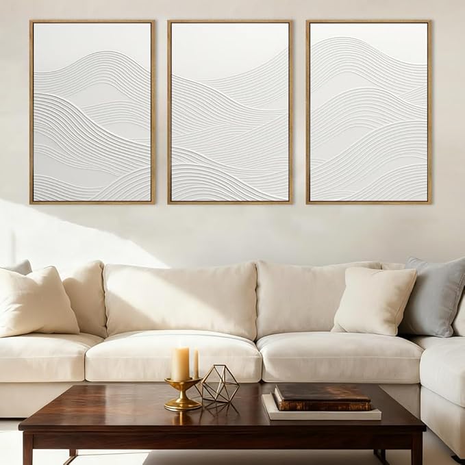 Anyzal Large Framed Neutral White Textured Wall Art 16x24 Inch Abstract Modern Canvas Wall Decor Minimalist Ocean Waves Artwork for Living Room Bedroom Office Set of 3