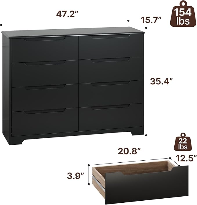 Gizoon 8 Drawer Dresser, 47" Wide Black Dresser for Bedroom with Cut-Out Handles, Modern Wooden Chest of Drawers with Anti-Tip Kit, for Living Room, Hallway, Entryway, Home Office