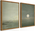Framed Sage Green Japanese Canvas Wall Art Set of 2, Minimalist Moon and Birds Pictures Wall Decor, Neutral Landscape Artwork Paintings Prints Zen Home Decor for Living Room Bedroom Office 16x24 Inch