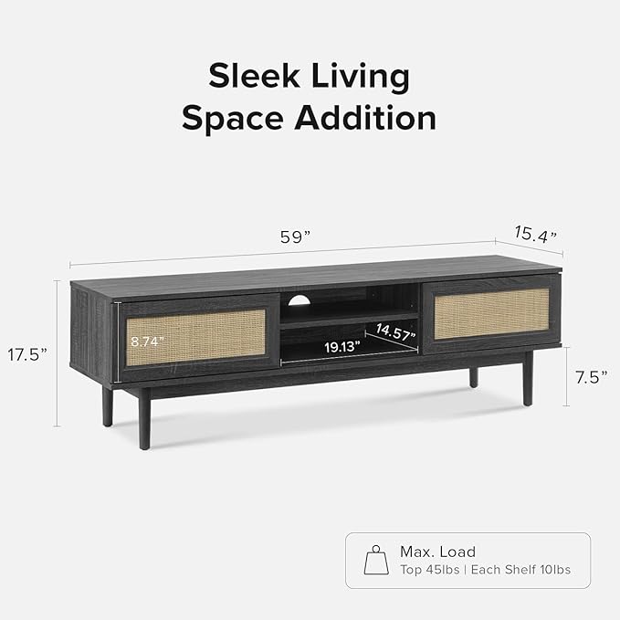 mopio Haylee TV Stand, Modern Farmhouse Television Stand for 55/60/65 inch TV, Natural Rattan Boho Entertainment Center with Storage, Media Console Credenza Table for Living Room, Bedroom (Black 59")
