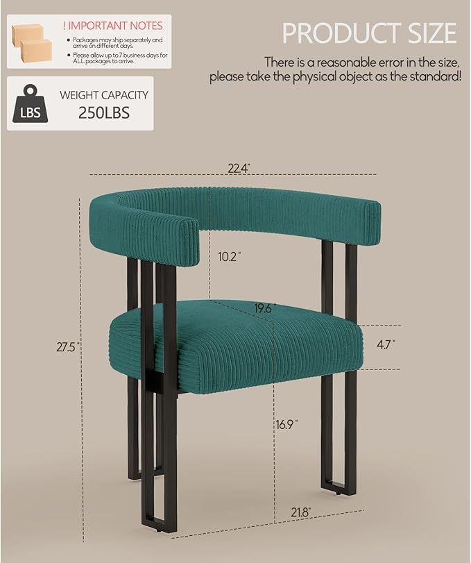 VIRRMO Boucle Dining Chair Corduroy Upholstered Dining Room Chairs Kitchen Chairs with Metal Legs Mid Century Modern Chair for Dining Room, Kitchen (Peacock Green, 1)