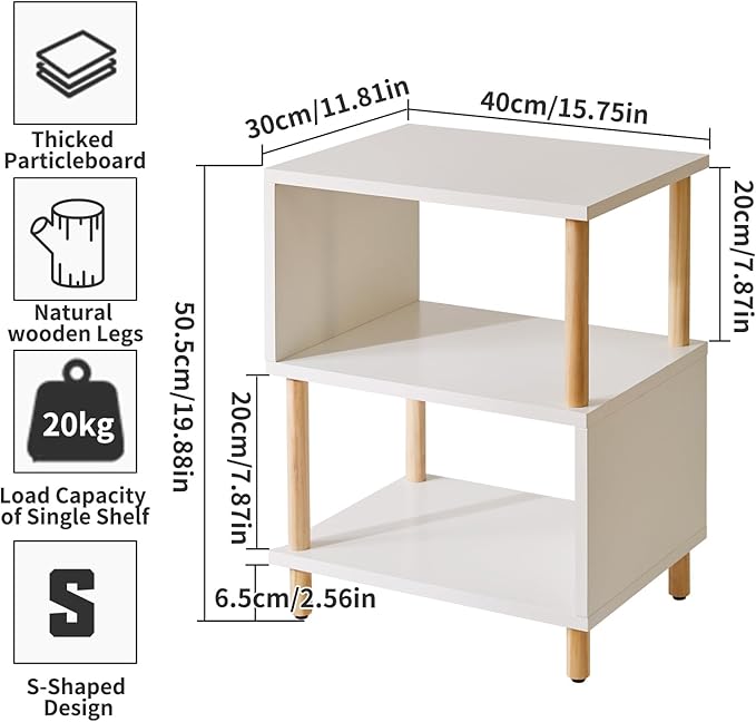Aibiju White Night Stand with Open Storage Shelf, Wood Nightstand S Shape, Bed Side Table 3 Tier 20 inch high, End Table White/Natural Wood YD-TM152W