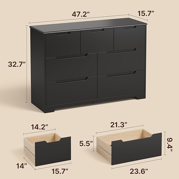 Gizoon 7 Drawer Dresser, 48" Wide Wood Chest of Drawers for Bedroom, Black Modern Storage Organizer, Handle Free Design, Living Room, Kids Room, Entryway, Hallway, Black