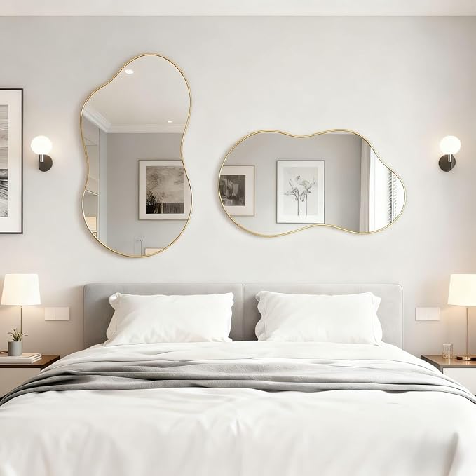 Itrue 26×46 Inch Gold Framed Irregular Tempered Glass Wall Mirror, Asymmetrical Vanity Mirror for Bathroom, Bedroom, Entryway