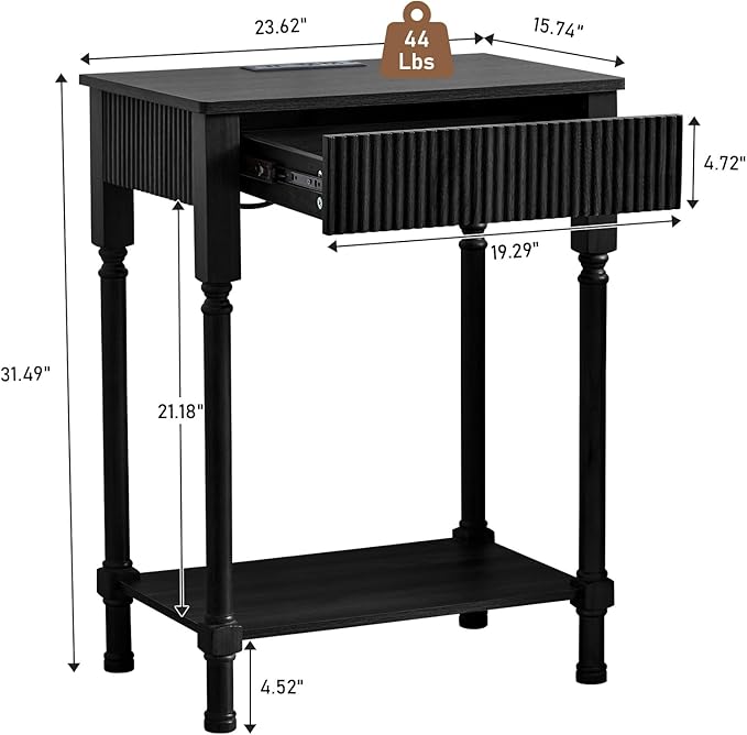 XUZENEST Fluted Nightstand with Charging Station, 23.6” Large Bed Side Table End Table with Drawer, Modern Mid Century Solid Wood Legs Night Stands Bedside for Bedroom Living Room Sofa Office, Black