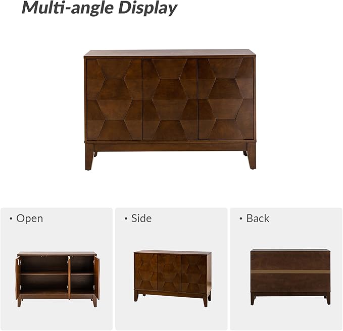 HULALA HOME Modern Kitchen Buffet Cabinet Storage Sideboard with 3D Geometric Design, Freestanding Floor Cabinet with 3 Doors & 2 Adjustable Interior Shelves for Living Room Dining Room Hallway,Walnut
