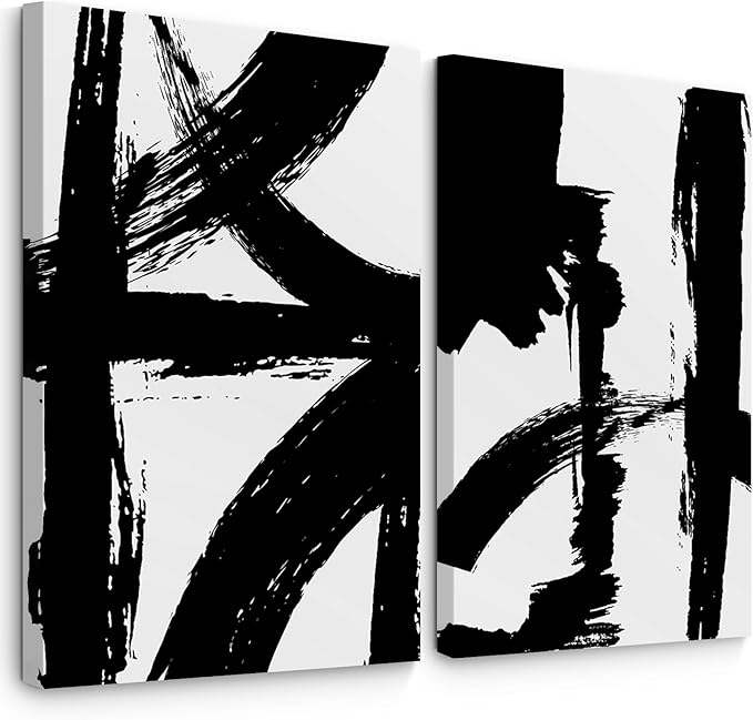 Black and White Wall Art Abstract Modern Painting Minimalist Line Canvas Wall Art Decor Black And White Poster Abstract Artwork Prints for Living Room Bedroom 16x24 Inch Wrapped Canvas Set of 2