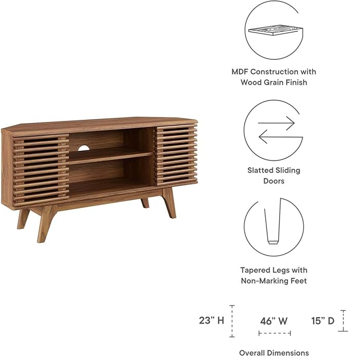 Modway Render Mid-Century Modern Low Profile Corner Media TV Stand in Wal, 15 x 46 x 23