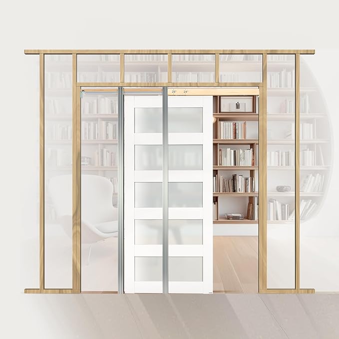 VEVOR Sliding Pocket Door, 36" x 80", 5-Lite Frosted Glass with Hardware Kit, Sturdy Solid Wood & MDF Pocket Doors Slab with Waterproof Surface, Pre-Drilled Doors Panel, Need to Assemble
