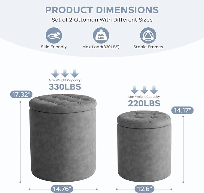 oakvivo 12.6" W x 14.17" H & 14.76" W x 17.32" H Storage Ottoman Foot Stool for Couch, Nesting Round Vanity Stools Padded Ottomen, Leather Set of 2 Footrest for Living Room,Grey