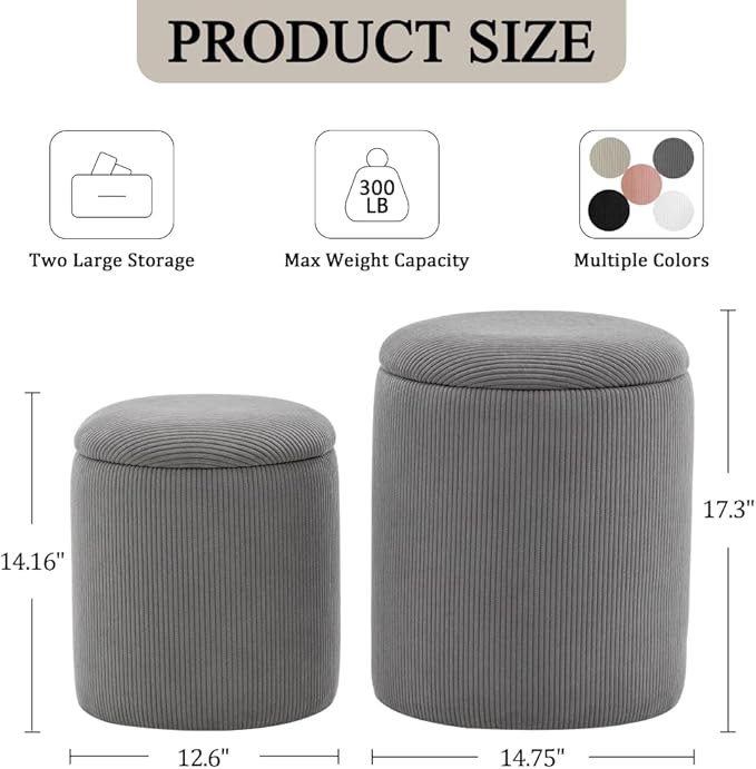 YSICK Round Ottoman with Storage, Set of 2, Small Vanity Stool as Vanity Chair, Corduroy Ottoman Foot Rest for Small Space, Living Room, Bedroom, Grey