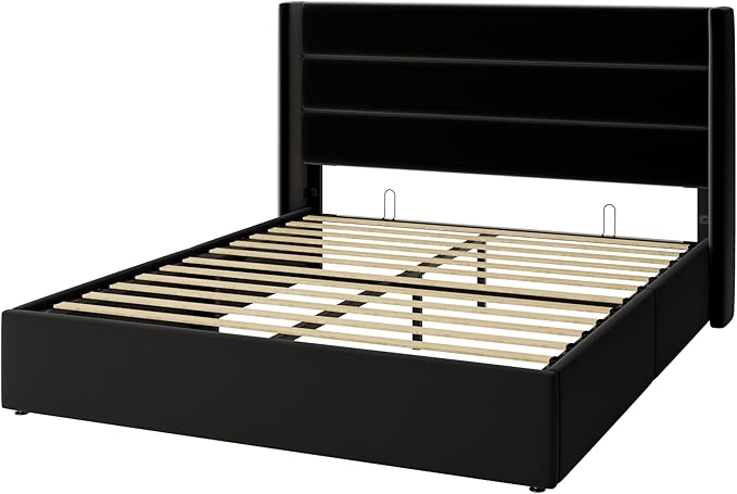 SHA CERLIN Full Size Lift Up Storage Bed/Velvet Upholstered/Modern Wingback Headboard/Upholstered Platform Bed Frame/Hydraulic Storage/No Box Spring Needed/Black