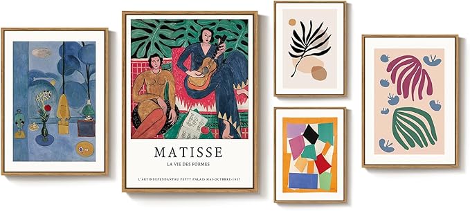 Large Framed Matisse Abstract Wall Art, 5 Piece Modern Geometric Canvas Prints Set, Contemporary Paintings Wall Decor for Living Room, Bedroom, Hallway, Home Office