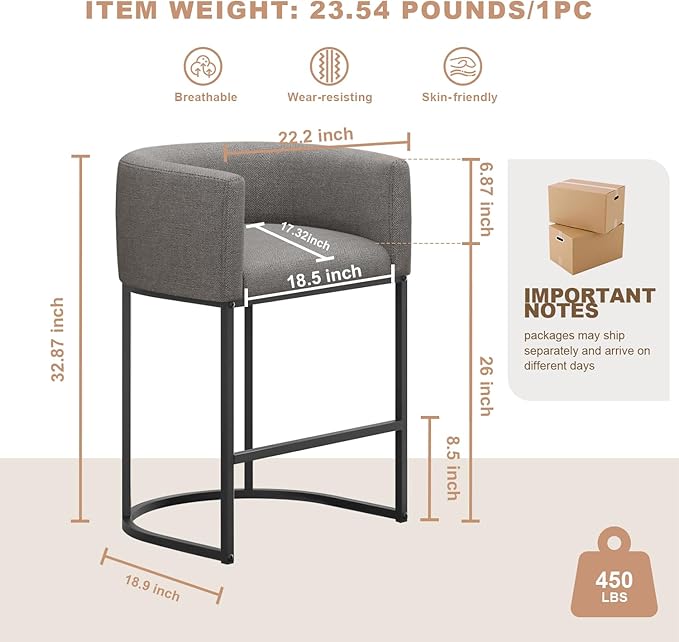 26" H Counter Height Bar Stools Set of 3, Modern Barrel Counter Stools with Backrest and Arms, Linen Fabric Upholstered Accent Barstools for Kitchen Island,Support 450 LBS (Gray)