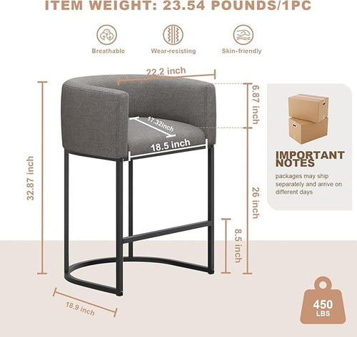 26" H Counter Height Bar Stools Set of 1, Modern Barrel Counter Stools with Backrest and Arms, Linen Fabric Upholstered Accent Barstools for Kitchen Island,Support 450 LBS (Gray)