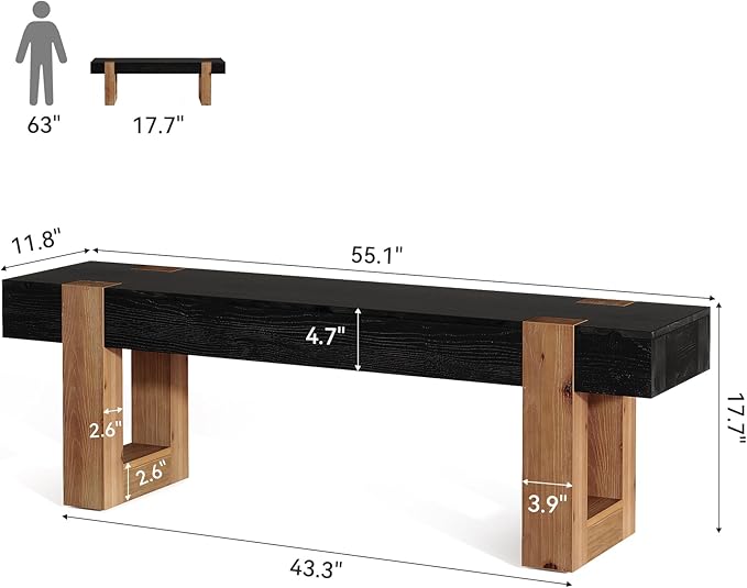 55" Solid Wood Dining Bench, Farmhouse Wooden Entryway Bench, End of Bed Bench, Indoor Bench Seat for Bedroom, Dining Room, Kitchen, Hallway, Black & Brown
