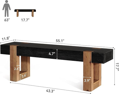 55" Solid Wood Dining Bench, Farmhouse Wooden Entryway Bench, End of Bed Bench, Indoor Bench Seat for Bedroom, Dining Room, Kitchen, Hallway, Black & Brown