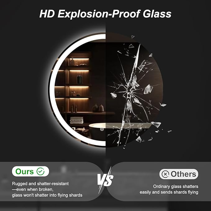 Sweetcrispy 36-Inch Round LED Bathroom Backlit Mirror with Lights, Circle Vanity Mirror with Anti-Fog, Dimmable, 3-Color Light, Memory Function, Tempered Glass