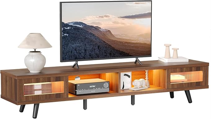 Bestier Mid Century Modern TV Stand for 75 inch TV, LED Entertainment Center with Storage and Sliding Doors, Low Profile TV Consoles for Living Room, Ancona Walnut
