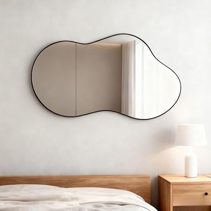Itrue 26x46 Inch Black Framed Irregular Tempered Glass Wall Mirror, Asymmetrical Vanity Mirror for Bathroom, Bedroom, Entryway