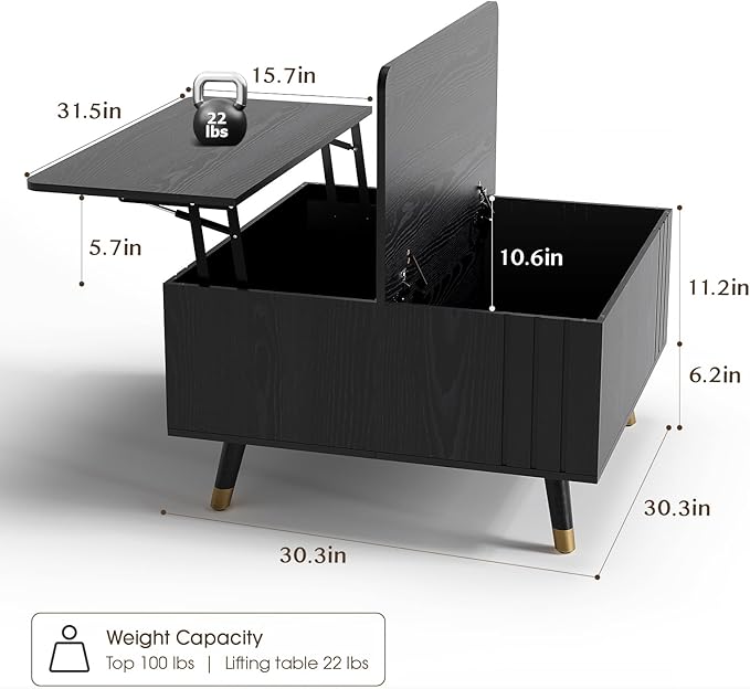 JOINICE 32" Square Lift Top Coffee Table with Storage, Modern Black Center Table for Living Room, Minimalist Wood Cocktail Table with Rising Desktop, Home Office