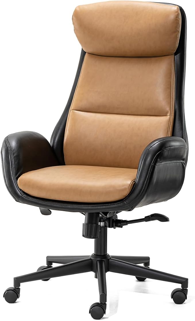 Glitzhome High Back Office Chair,Modern Ergonomic Swivel Office Chair,Adjustable Home Office Desk Chair with Lumbar Support,Black & Camel