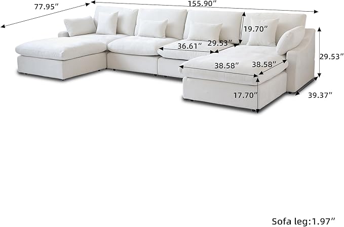 Modular Sectional Sofa Cloud Couch, 155.9" Oversized U Shaped Couch with Chaise Ottomans, Modern Minimalist Deep Seat Couches for Living Room, Sofa Covers Washable&Removable, White